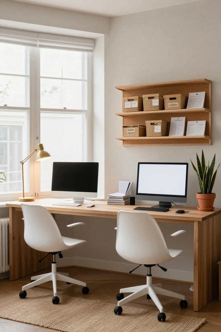 A home office with a long light wooden desk, two white chairs with casters, two computer monitors, wall-mounted oak shelves with wicker baskets, a potted snake plant, a gold desk lamp, and a large window with white blinds.