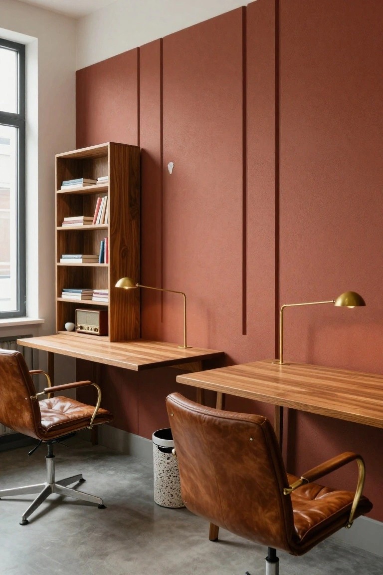 A shared home office with two wooden wall-mounted desks against a terracotta slatted wall, brown leather swivel chairs, a wooden bookshelf with books and a radio, gold desk lamps, and a window nearby.
