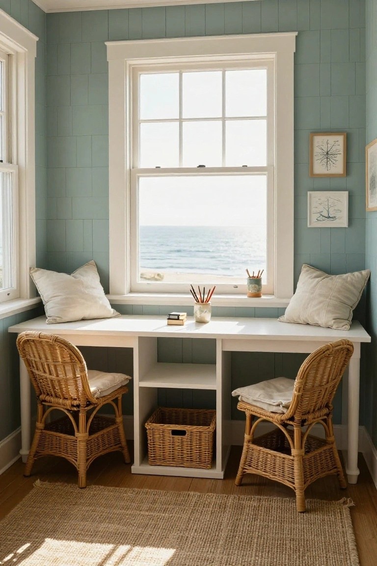 White desk with two rattan chairs under a large divided-light window overlooking the ocean, in a room with seafoam green tiled walls, white pillows on the sills, and woven baskets in open shelving below.