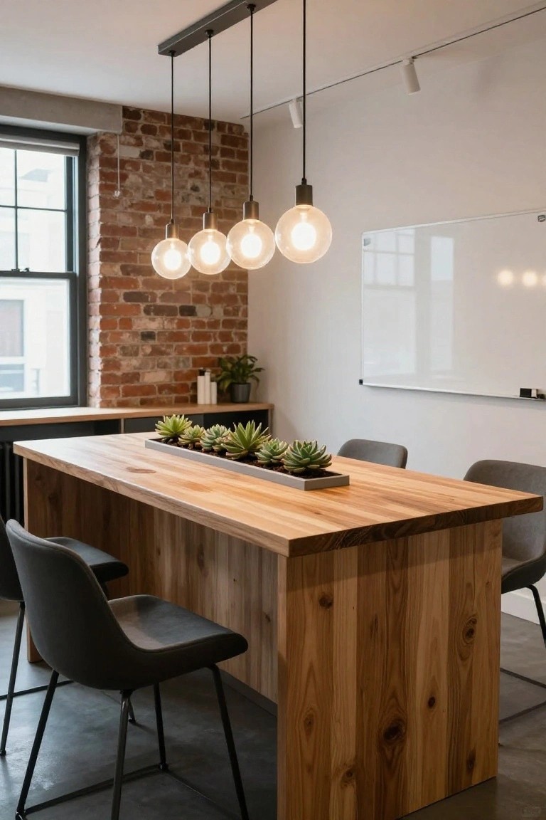 Shared office room with exposed brick wall, long rectangular wooden table topped with potted succulents, gray upholstered chairs, pendant lights, and a whiteboard.