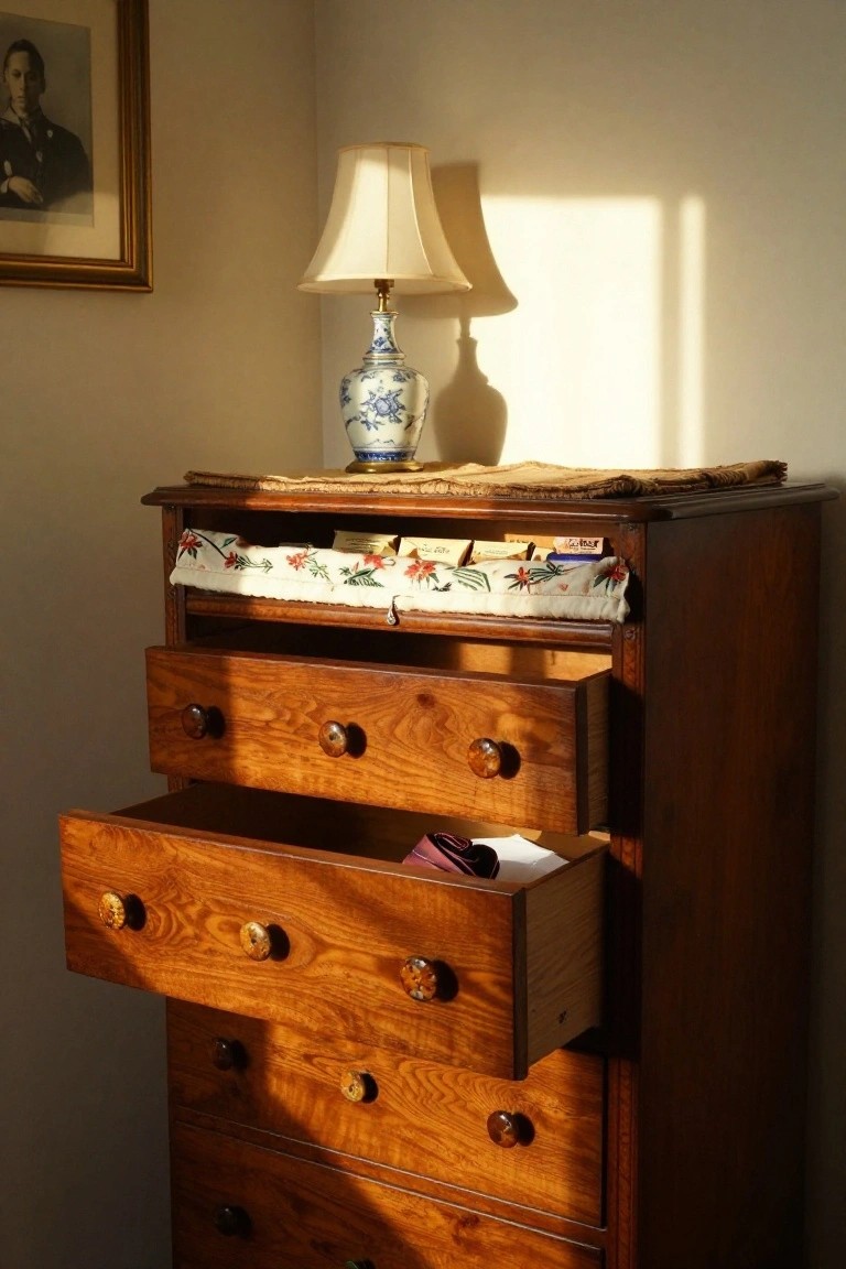 Wooden chest of drawers with open compartments, lamp, and sunlight shadows.