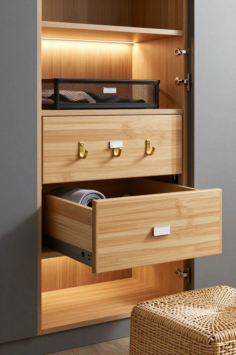 Wooden closet with open drawer, hooks, lit shelves, and woven stool.
