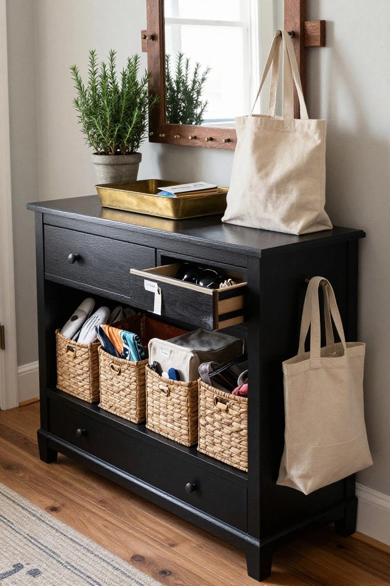 A black dresser with several woven baskets filling the open lower compartment, one drawer slightly open, and two canvas tote bags hanging from the side.