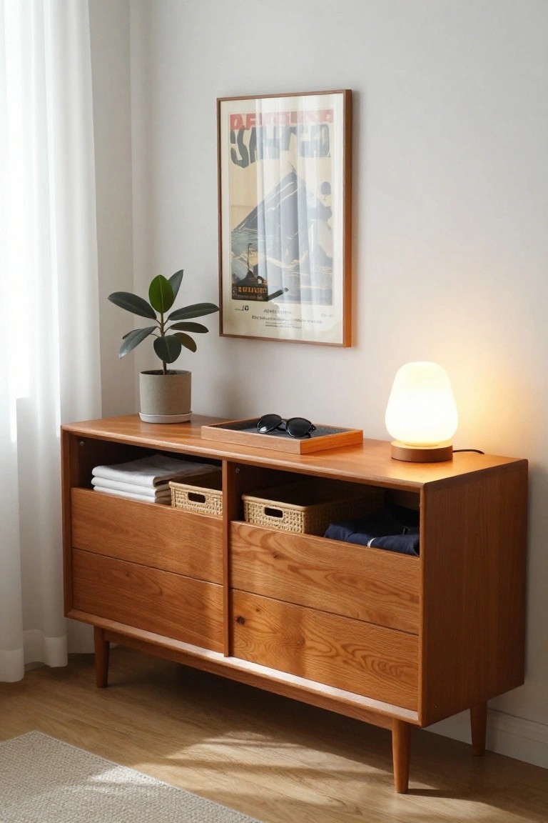 Mid-century wooden sideboard with open drawers, lamp, plant, and framed poster.