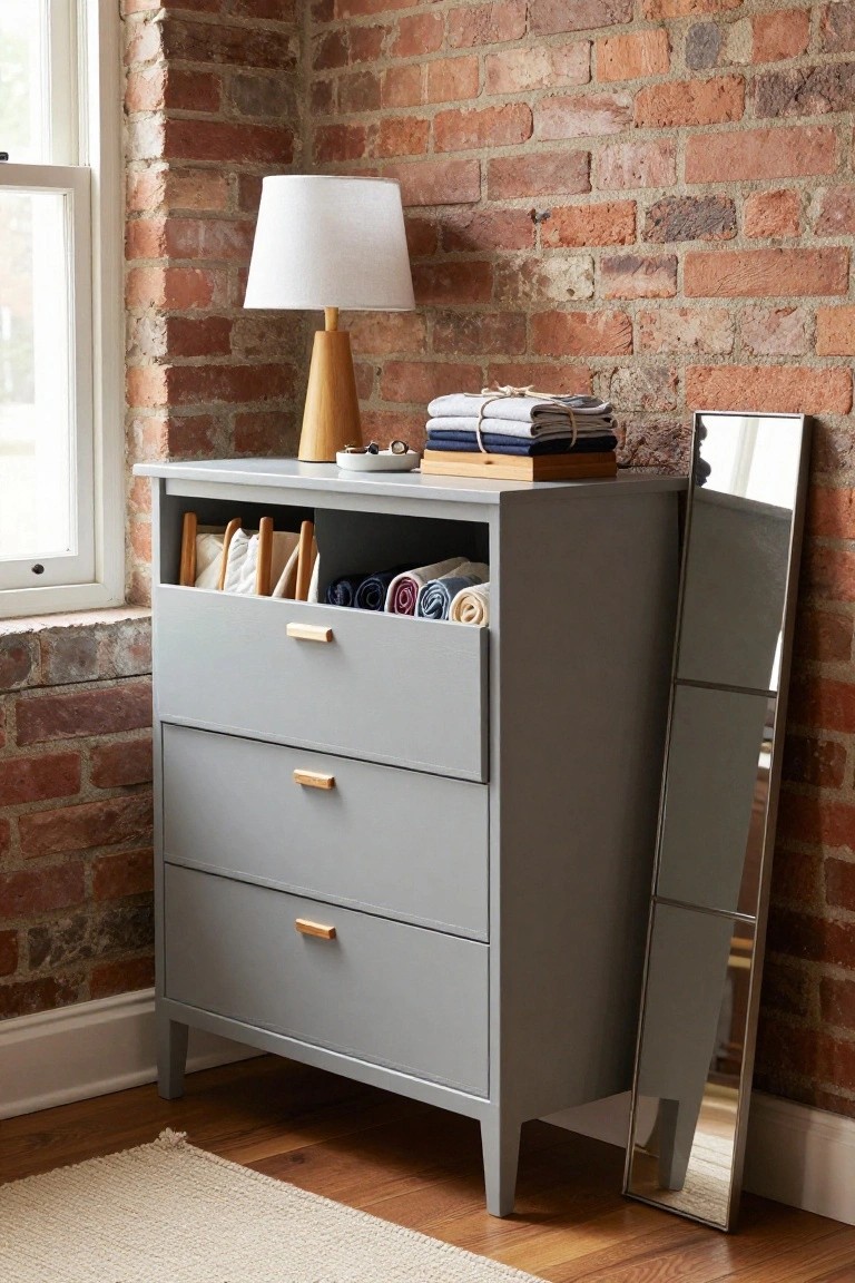 A gray dresser with three drawers and an open top compartment holding rolled clothes and folded stacks, topped with a lamp and positioned next to a leaning mirror against a brick wall.