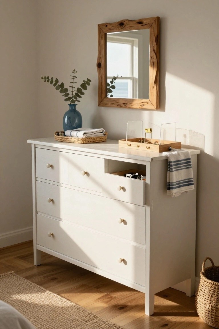 White dresser with mirror, blue vase, and woven baskets in a sunlit room.
