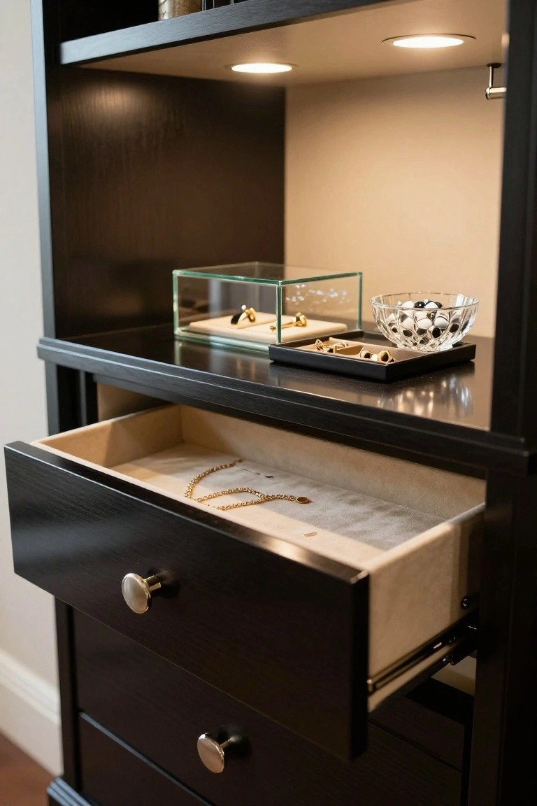 Open drawer of a dark wood dresser showing a gold necklace on a light fabric liner, with jewelry trays and a glass bowl on the surface above.