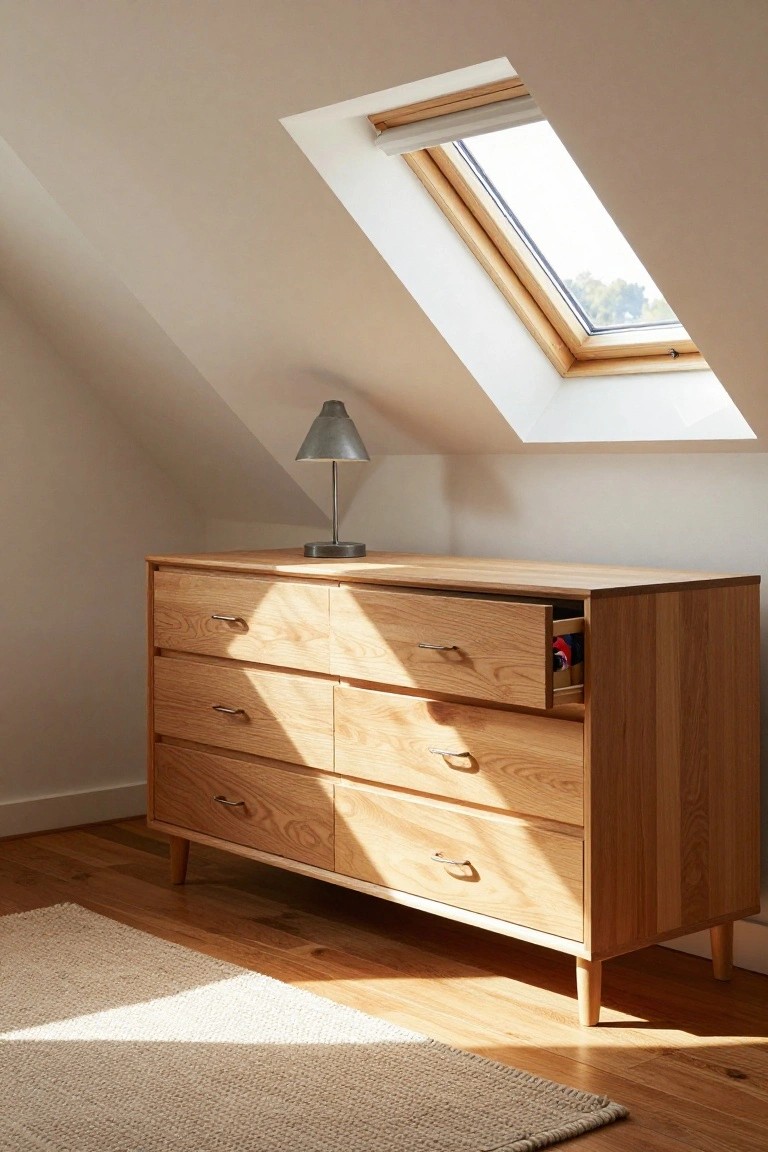 Wooden dresser with open drawer under skylight in attic room.