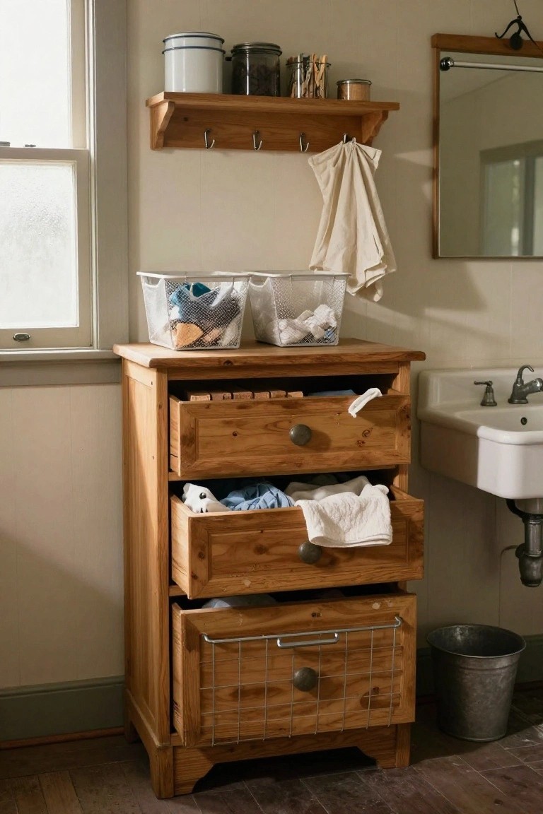 A wooden dresser with several open drawers containing folded linens and clothes, including a bottom drawer with a wire mesh front, plus wire baskets on top in a bathroom setting.