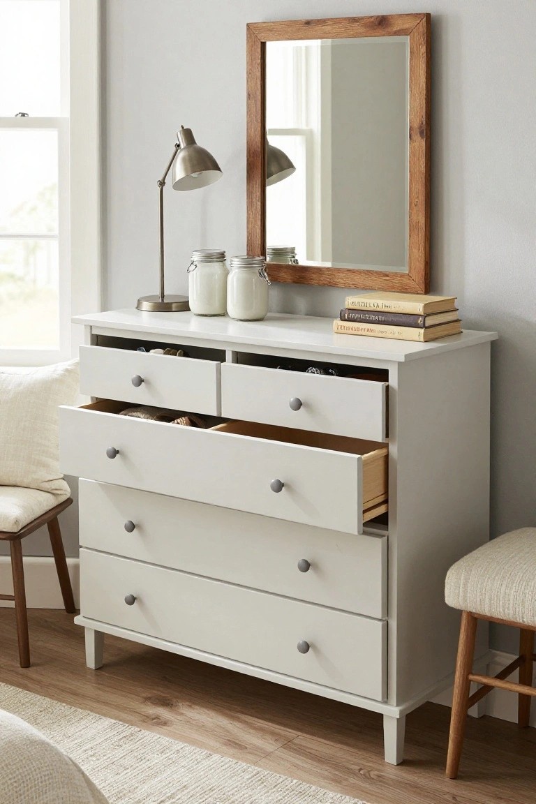 A white dresser with multiple drawers of varying depths, several pulled open to show stored items inside, topped with jars, books, and a lamp, and a mirror mounted above it.