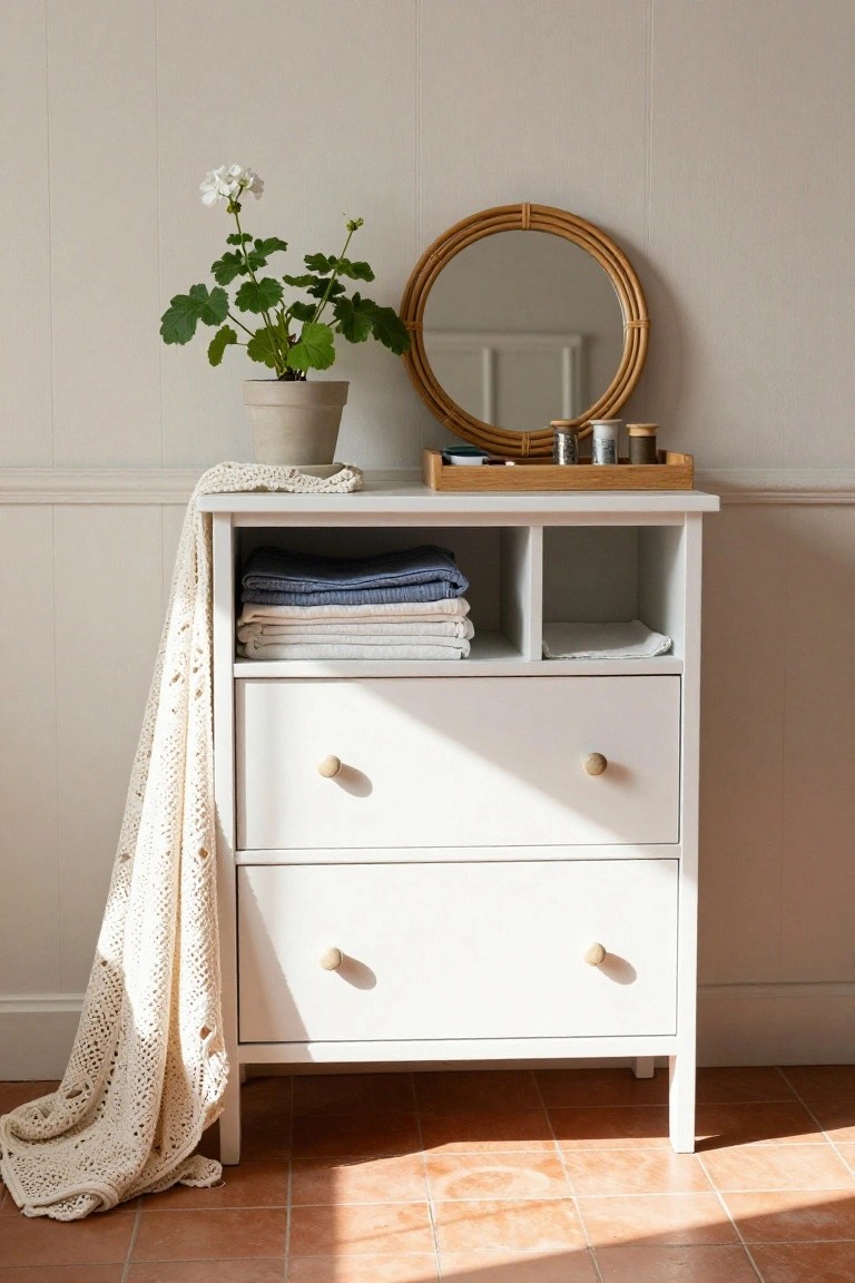 A white dresser with open top compartments holding stacks of folded linens, a potted plant on the left side, and a round rattan mirror above.