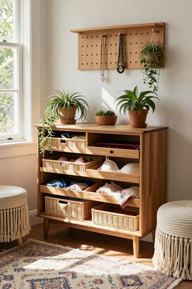 A wooden dresser with several open drawers holding light-colored wicker baskets filled with folded clothing and undergarments, with potted plants on top and a pegboard mounted on the wall above.