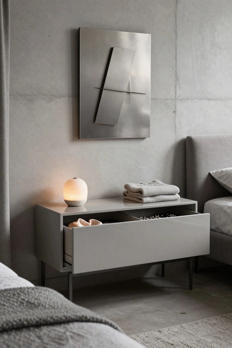 A gray nightstand with open drawers holding folded clothes and small accessories sits beside a bed, with a lit lamp on top and metal wall art above.
