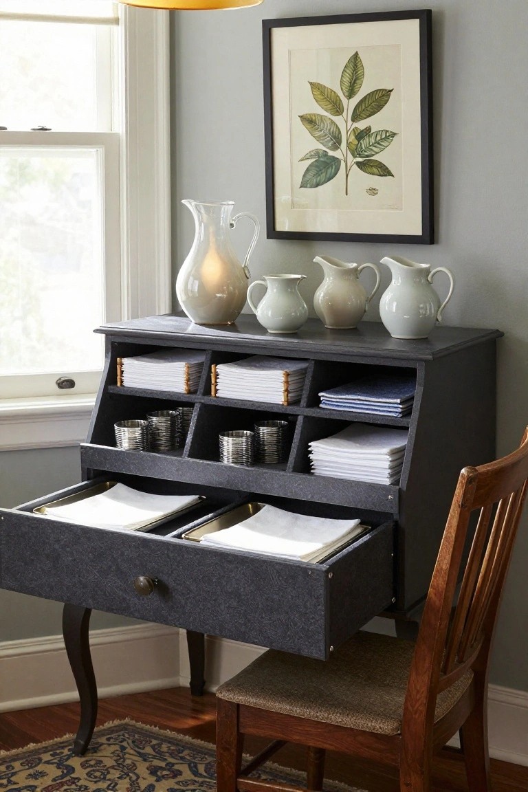 A dark gray desk with open compartments and a pulled-out drawer holding stacks of paper in metal trays, topped with several white pitchers, next to a wooden chair in a room with a window.