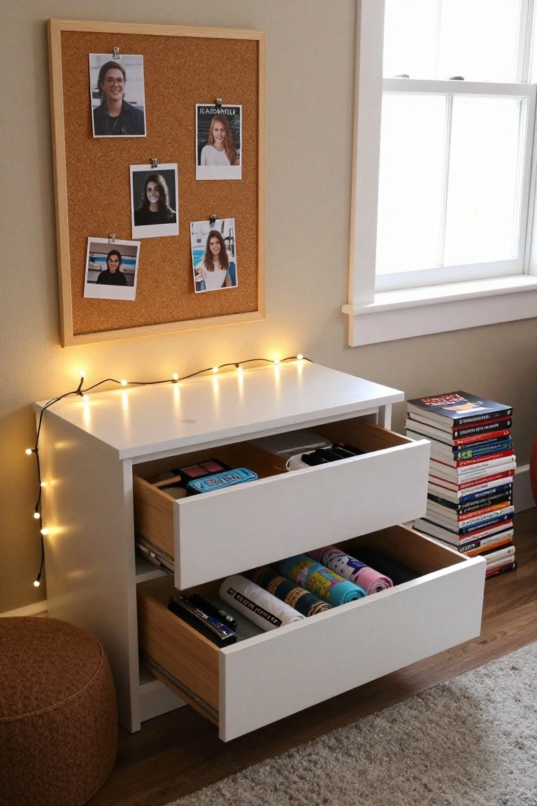 White desk with open drawers, string lights, corkboard photos, and stacked books.