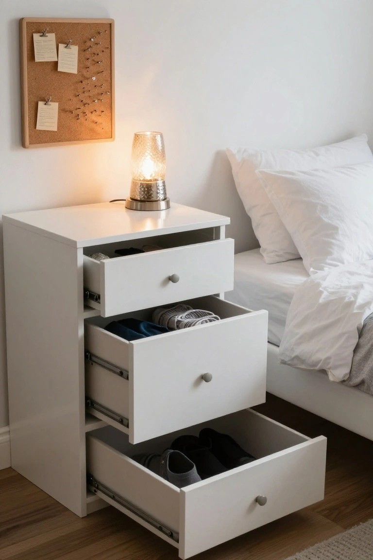 A white three-drawer dresser beside a bed with open drawers containing folded clothes in the middle drawer and shoes in the bottom drawer, topped by a lit lamp.