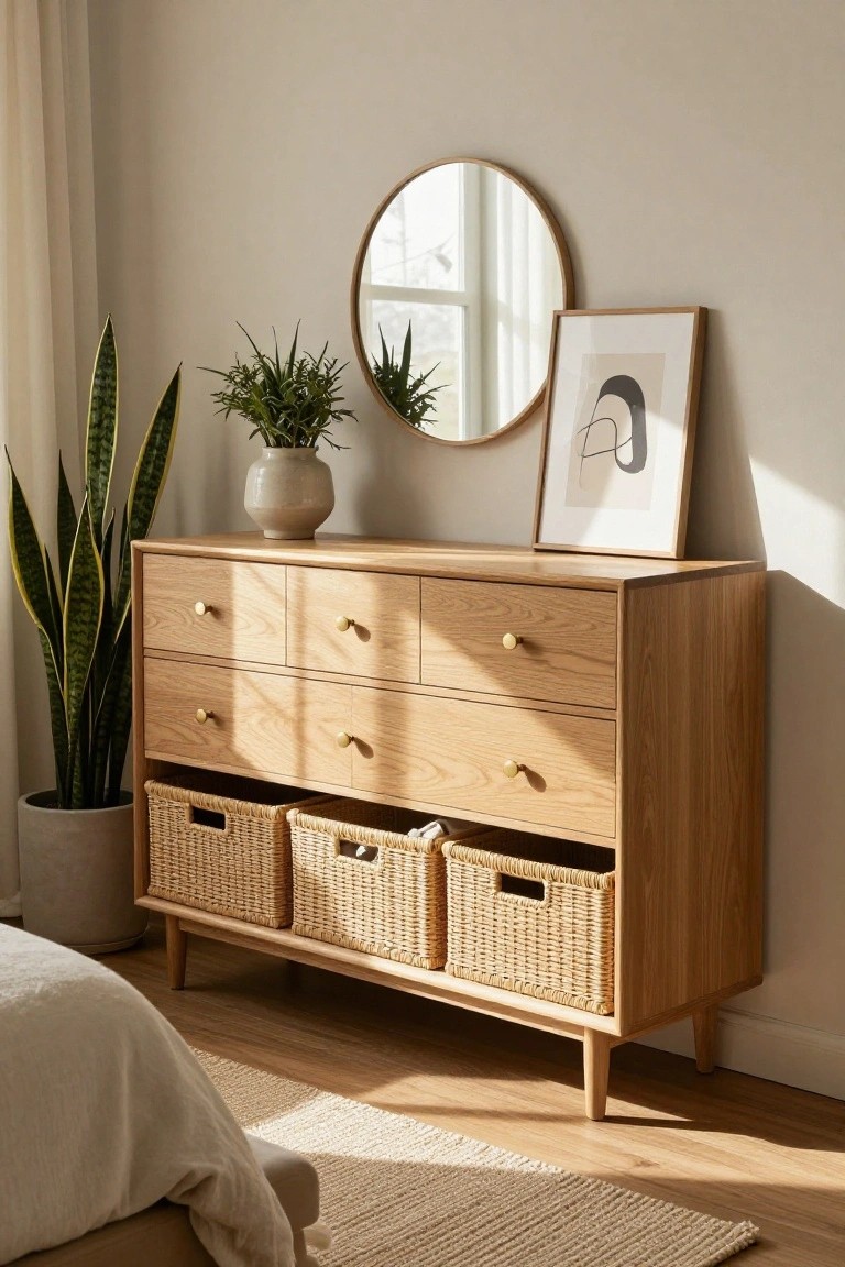 Light wood dresser with woven baskets, round mirror, and houseplants in a sunlit room.