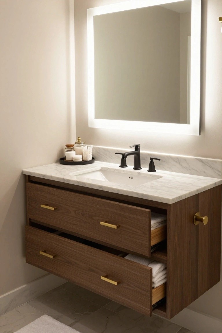 A floating bathroom vanity with a marble top, dark wood cabinet, and multiple drawers, two of which are open to show folded white towels inside.