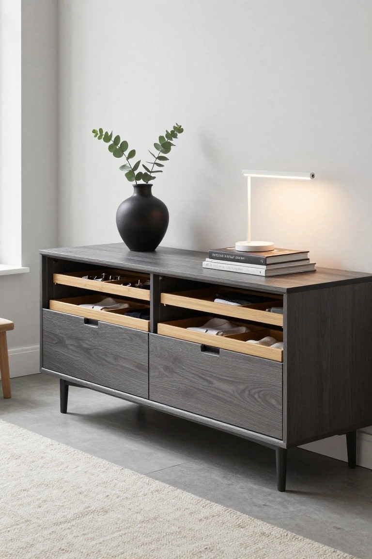 A gray wood dresser with several open drawers showing light wood internal compartments and a black vase with greenery on top.