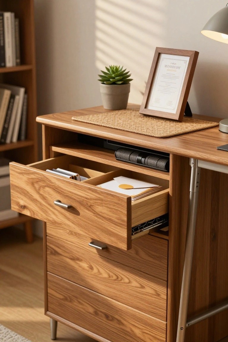 Wooden desk with open drawers holding papers, folders, and binder.