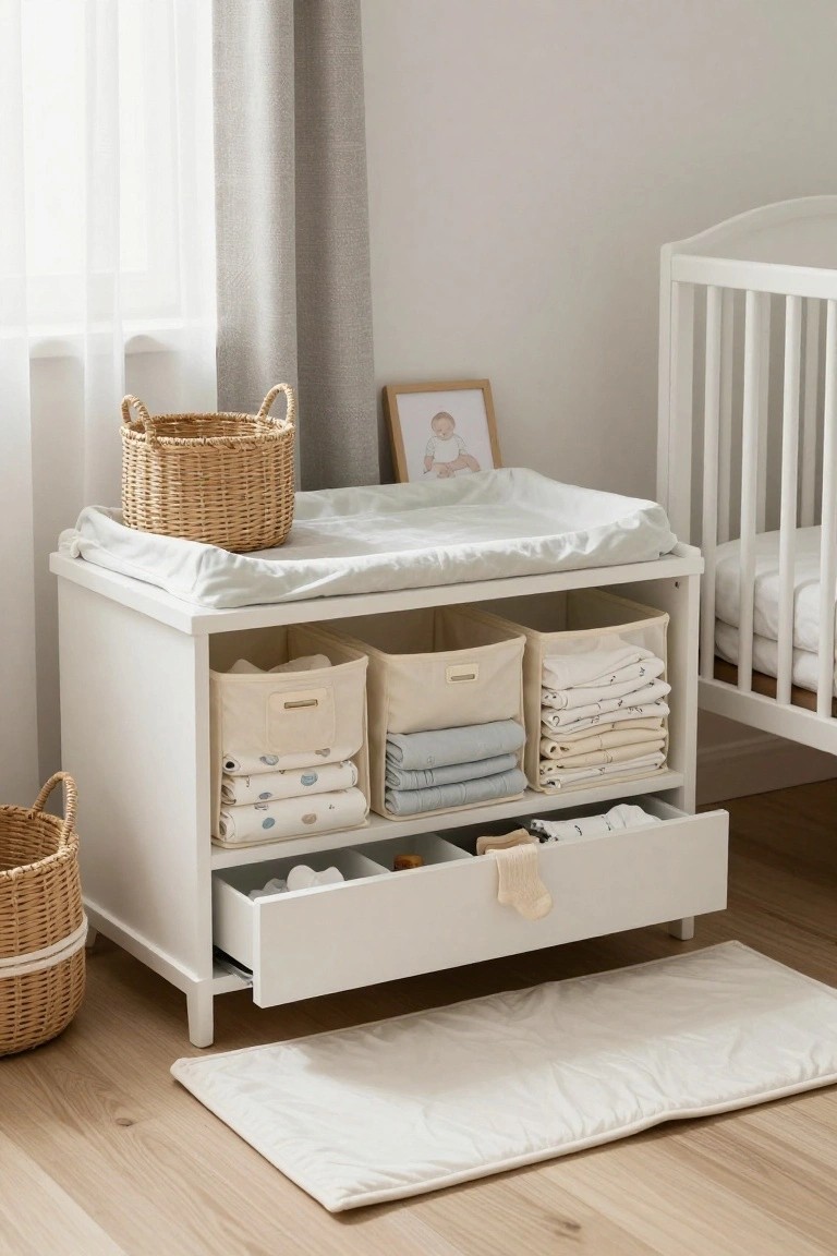 A white nursery dresser with a changing pad on top features fabric storage bins on open shelves filled with baby clothes and an open drawer with compartments.