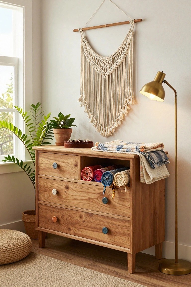 Wooden dresser with colorful rolled textiles, macrame wall hanging, and brass lamp.