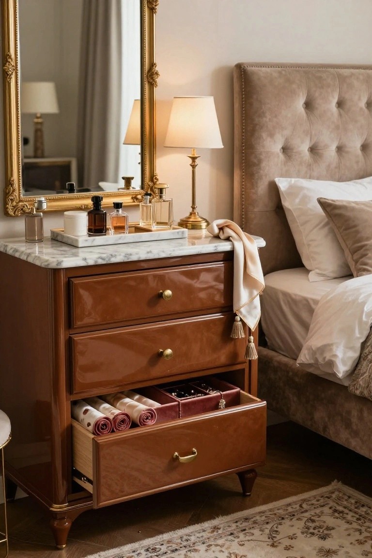 Elegant wooden nightstand with open jewelry drawer beside tufted bed.