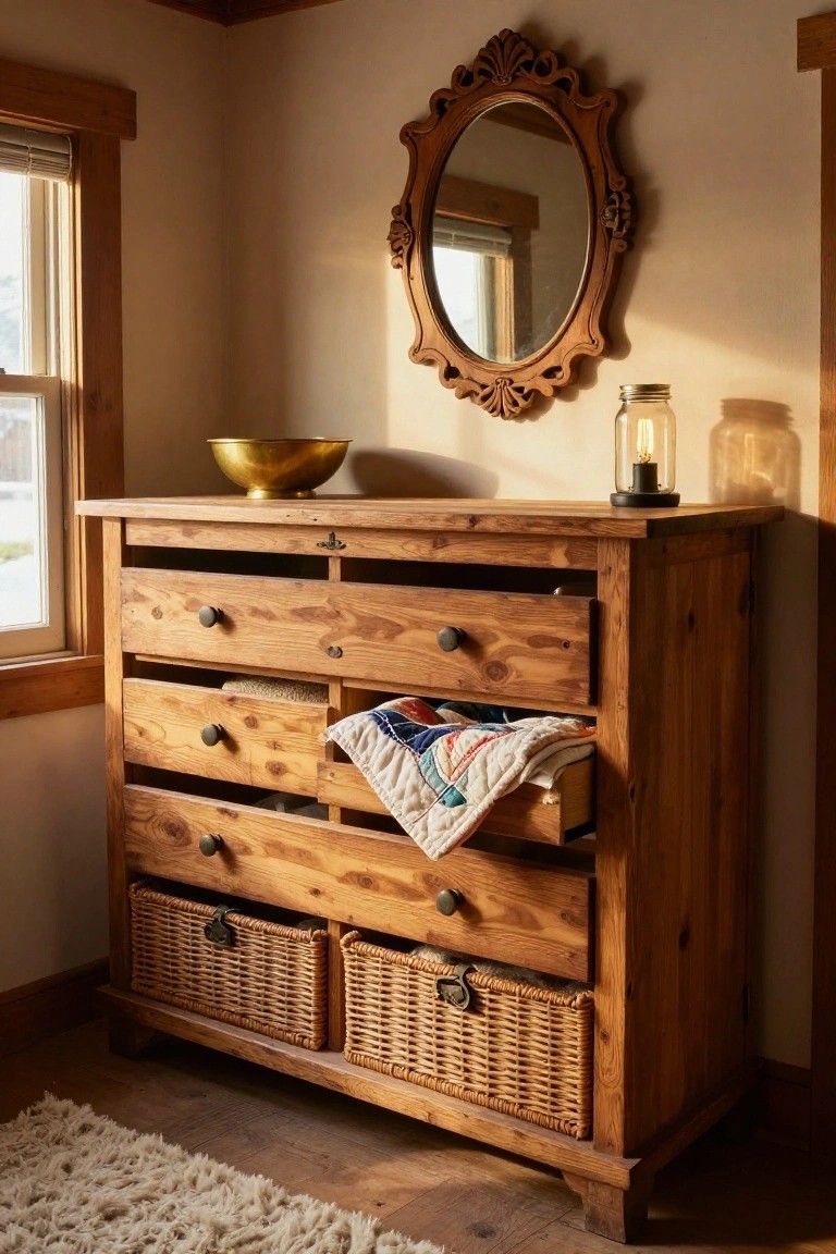 A wooden dresser with several drawers, some open, and two woven baskets fitted into the lower section, with a mirror above it.