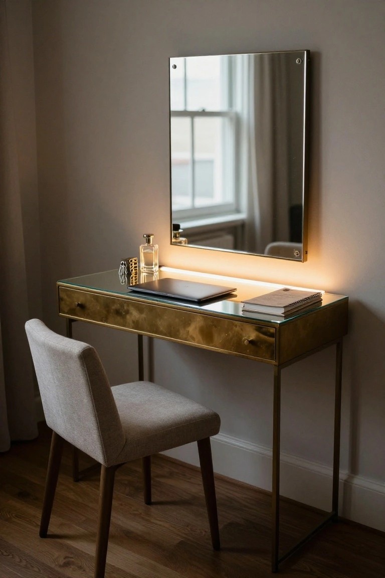 Brass-framed glass-top desk with integrated drawer against a gray wall, backlit rectangular mirror mounted above, laptop and notebook on surface, perfume bottle and clips nearby, beige chair with wood legs on wood floor.