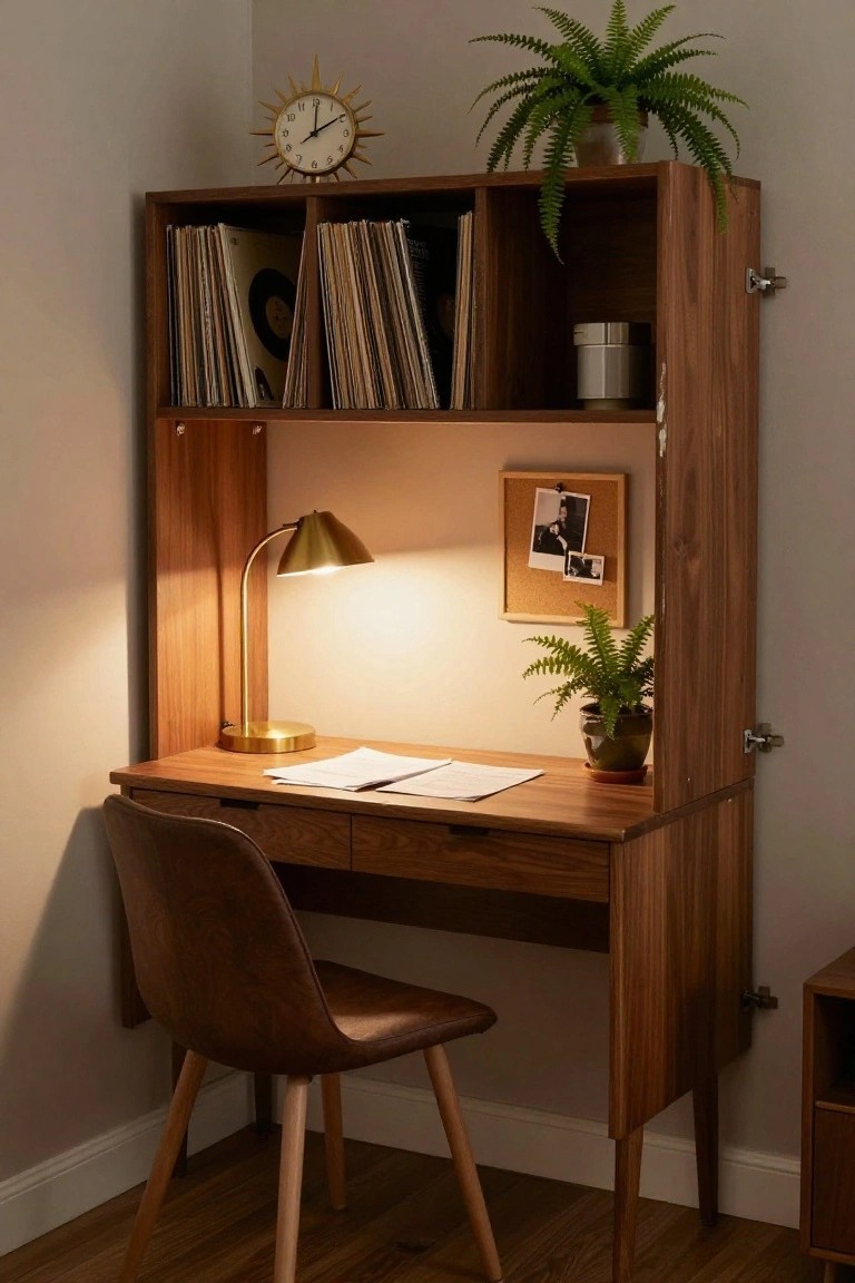 Wooden corner desk unit with open shelves holding vinyl records and plants, a desk lamp and papers on the workspace, and a chair nearby in a light room with beige walls and hardwood floor.
