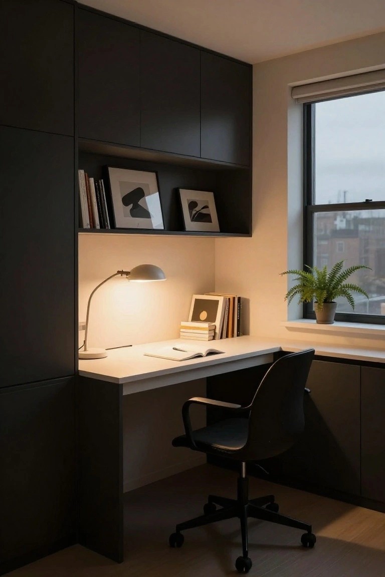 Corner office nook featuring tall black built-in cabinets with open shelves holding books and framed art, a white desk with notebooks and lamp, black office chair, potted fern plant, and large window with city view.