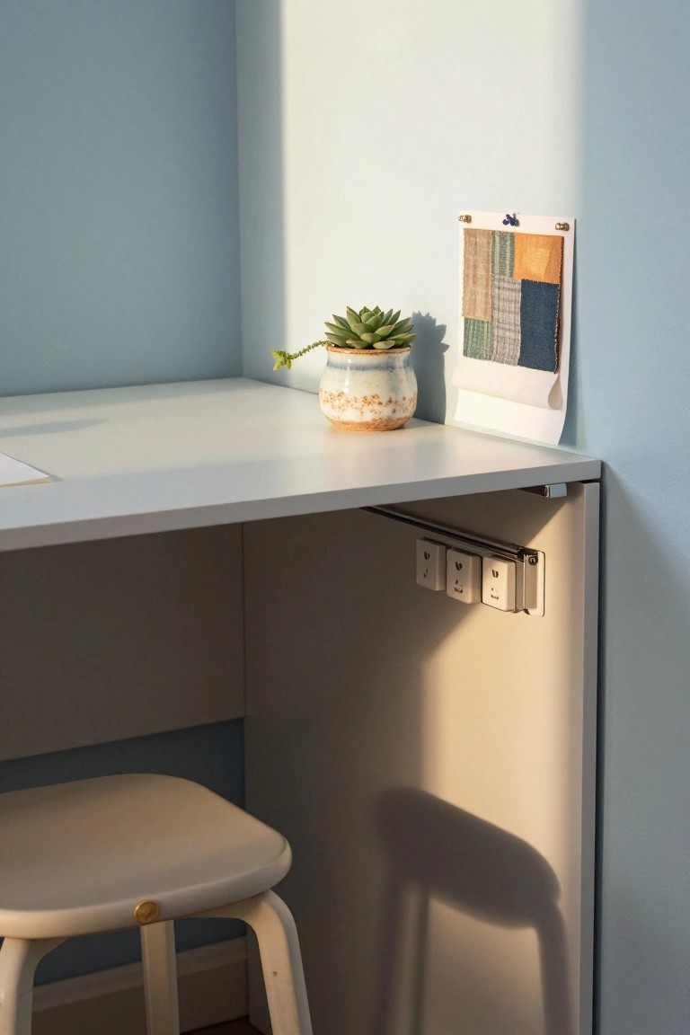White floating desk mounted in a light blue corner wall with potted succulent plant, wall-mounted fabric swatches, power outlets attached under the desk, and white stool nearby.