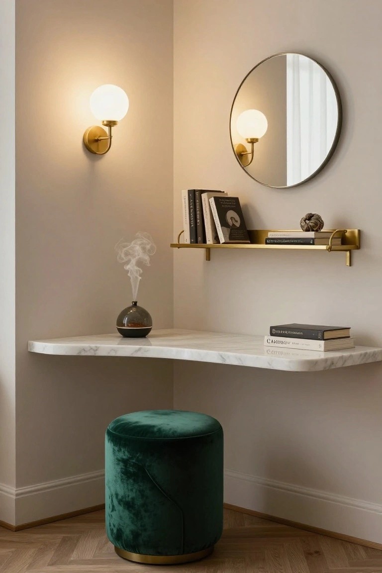 Corner indoor office nook with curved white marble floating desk, green velvet pouf stool, brass wall shelf holding books and decor, round mirror, wall-mounted globe lamps, gray diffuser, on beige walls and herringbone wood floor.