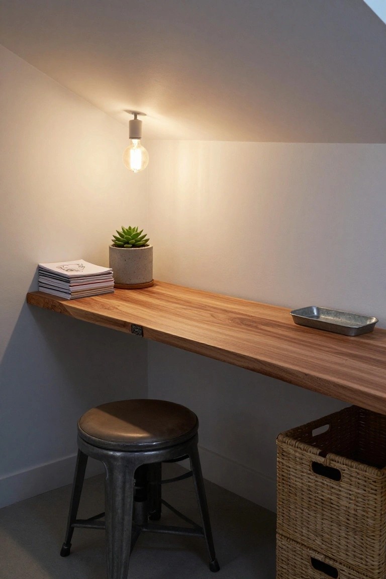 Floating wooden desk shelf mounted in a white-walled corner under a sloped ceiling, with a metal stool below, gray concrete succulent pot, stack of books, metal tray, and stacked wicker baskets nearby, illuminated by a wall-mounted exposed bulb light.