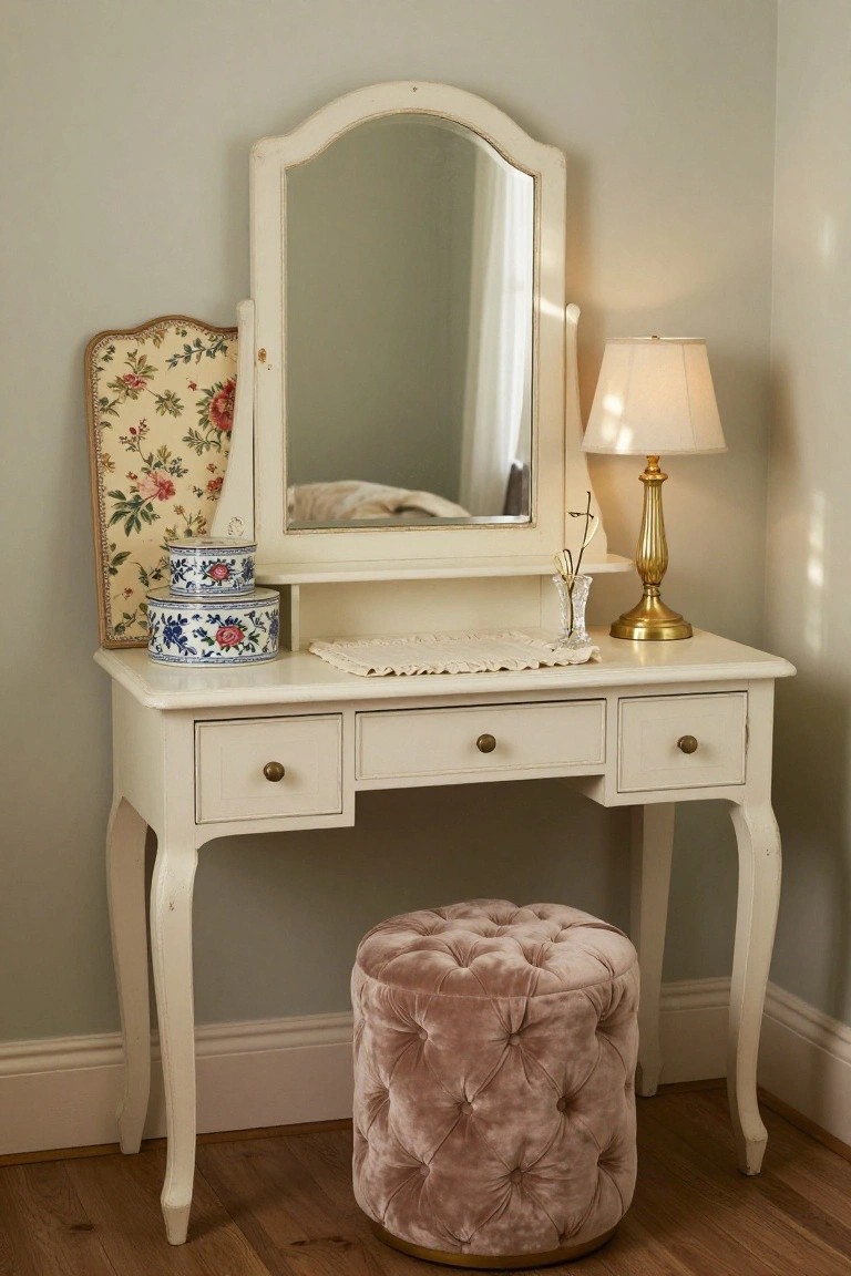 White painted wood vanity table with arched tri-fold mirror in room corner, pink tufted pouf stool underneath, gold lamp, blue and white porcelain boxes, and beige floral wall panel on light gray wall.