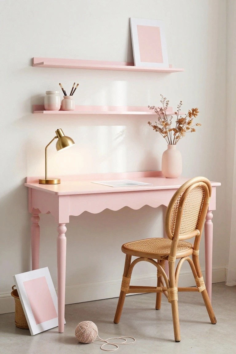 Pink scalloped desk with rattan chair, gold lamp, and shelves.
