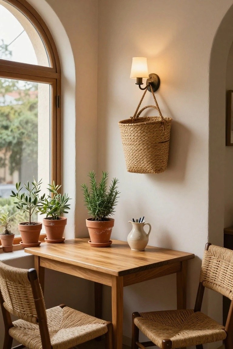 Small wooden table with two rattan chairs in a white-walled arched window nook, potted herb plants on windowsills, hanging woven basket, wall lamp, and white jug on table.