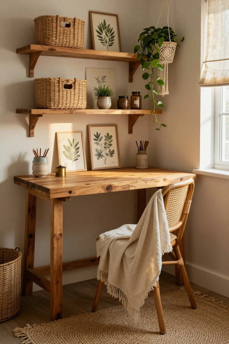 Rustic wooden desk with woven chair, hanging plant, and framed botanical prints.