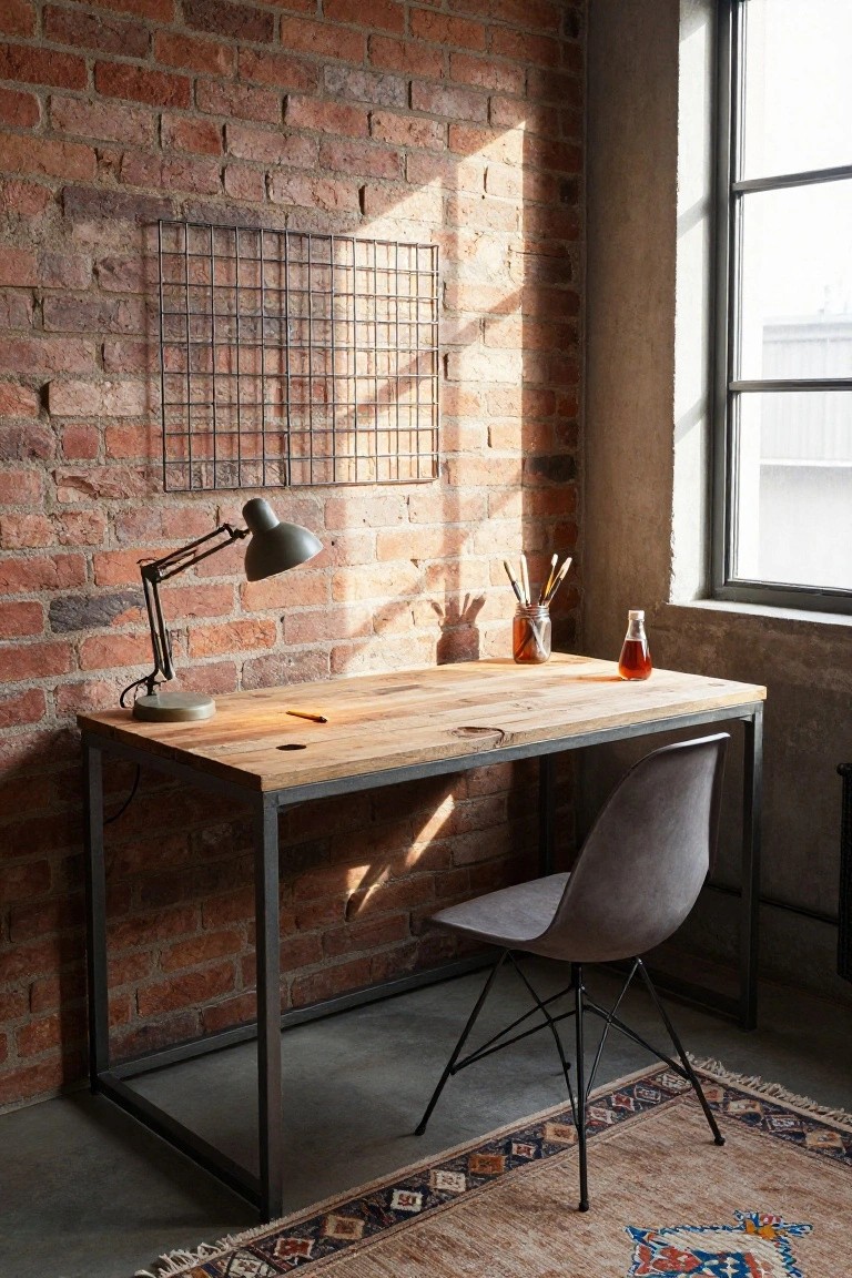 Metal-frame desk with wooden top and gray upholstered chair positioned against exposed brick wall, with adjustable lamp, brushes in jar, and large window in industrial-style room.