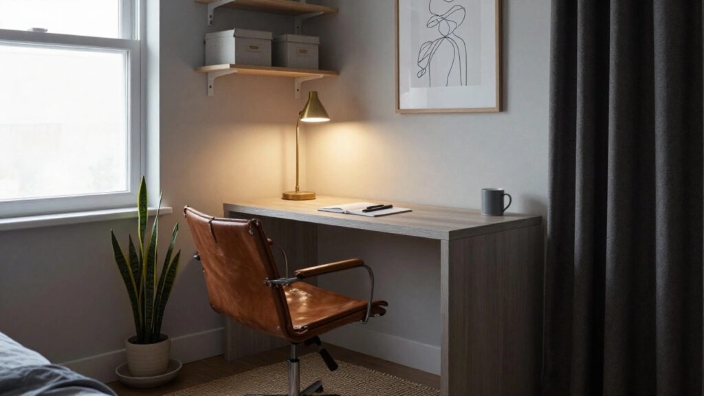 25 Studio Apartment Office Nook Ideas That Truly Work Corner office nook in a bedroom with wall-mounted light oak floating desk, brown leather swivel chair, gold adjustable desk lamp, potted snake plant, pegboard organizer with scissors, floating oak shelf holding beige fabric boxes, and black-framed abstract line drawing on white wall beside window with gray curtains.