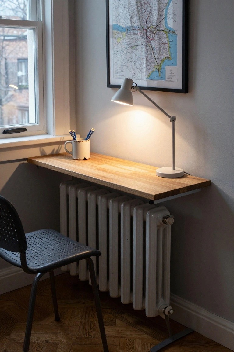 A light oak floating desk mounted over a white column radiator in a corner of a gray-walled room, with a white mug holding blue pencils, an adjustable desk lamp, a map poster on the wall, and a black mesh chair nearby.