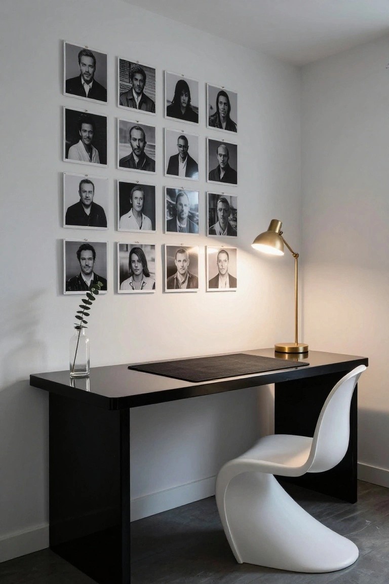 White-walled office nook with glossy black desk, white molded plastic chair, gold desk lamp, glass vase holding eucalyptus sprig, and grid of black-and-white framed portrait photos on the wall.