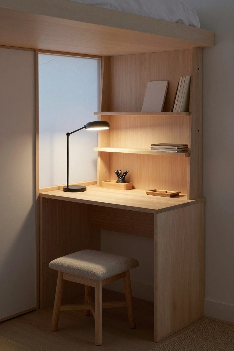 Light wood built-in loft bed with integrated desk below, open shelves holding books and supplies, black desk lamp, pens in a holder, wooden tray, and cushioned stool on a wood floor next to a sliding door.