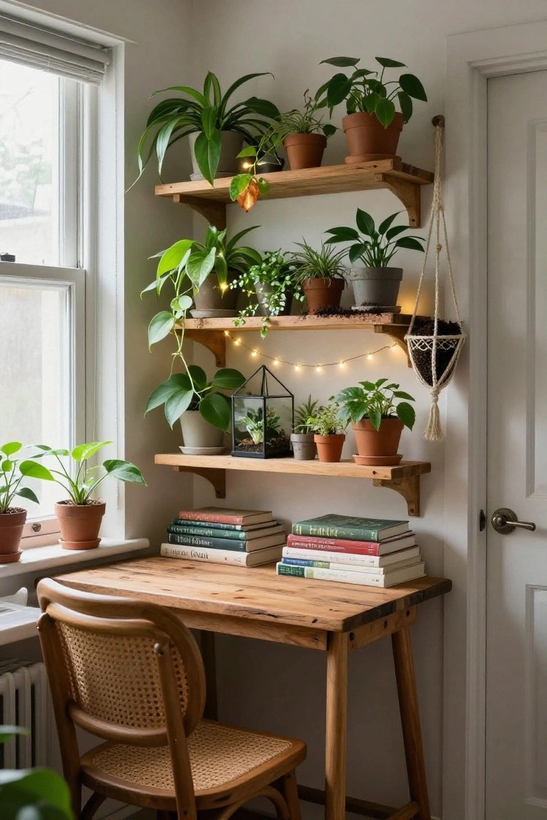 Corner wooden desk with rattan chair and three tiers of wooden wall shelves holding numerous potted plants, books, and terrariums next to a window and white door in a light room.