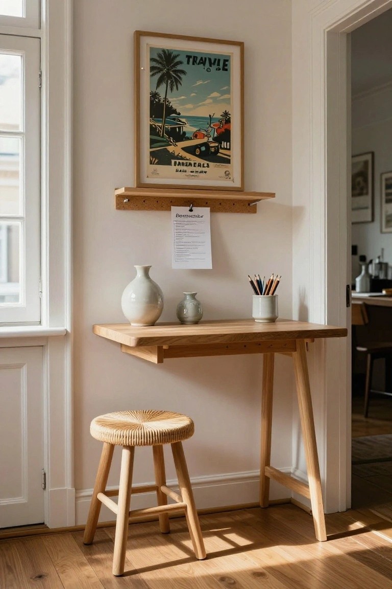 Corner office nook with wall-mounted oak desk, rattan stool, white ceramic vases, colored pencils in ceramic mug, clipped note on wooden shelf, and framed vintage travel poster above, beside white door and window.