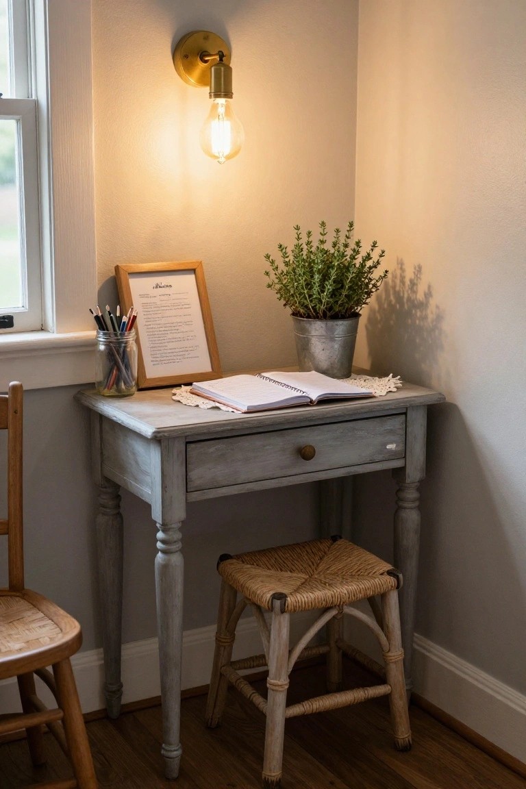 Corner of a room with a small gray painted wooden desk holding an open notebook on lace doily, mason jar of colored pencils, framed paper document, and potted herb plant in metal pot, beside a brass wall lamp with exposed bulb, rattan stool, and window.