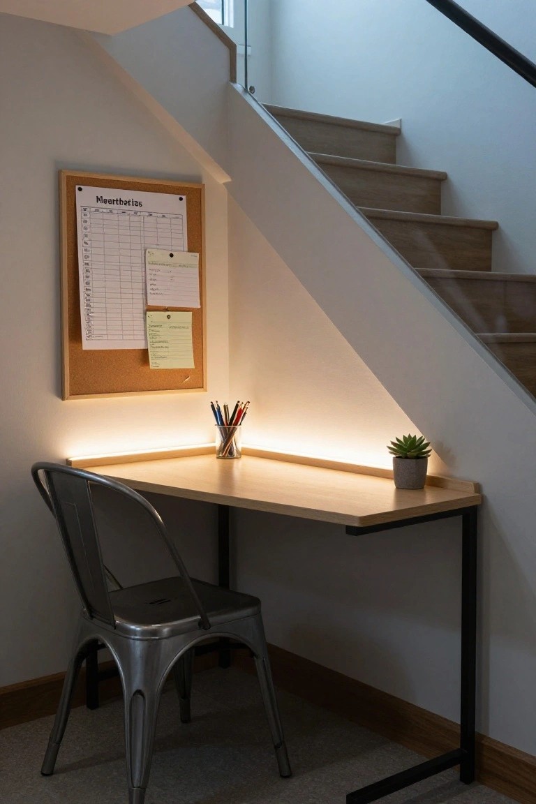 Compact wooden desk and gray metal chair in an under-stair nook with corkboard calendar on wall, LED strip lighting under desk edge, colored pencils in glass, and small potted succulent.