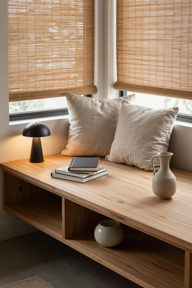Wooden floating shelf built into wall below a window with bamboo blinds, holding a black lamp, stacked books, and white ceramic vases, with beige pillows on the wide sill and another vase in open storage below.