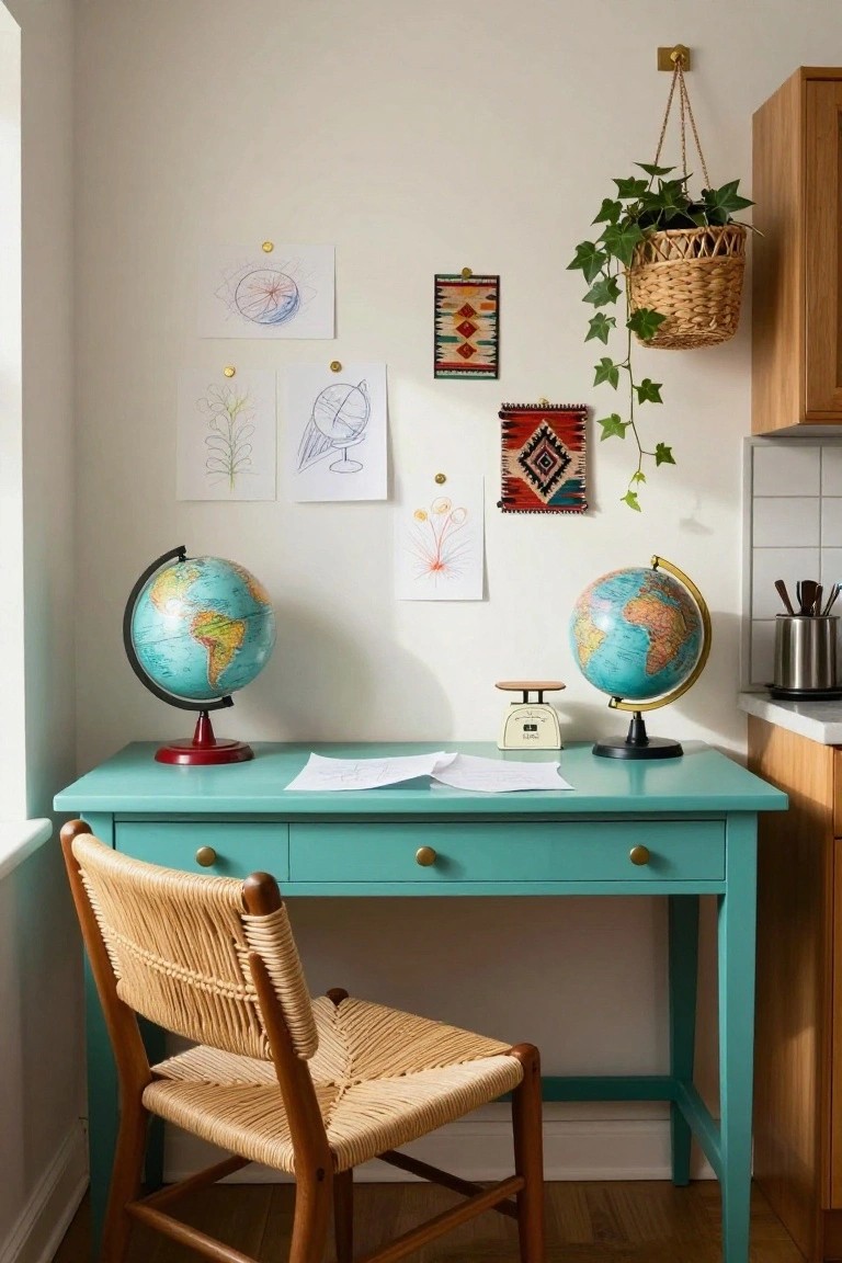 Turquoise desk in a corner nook flanked by two blue globes on red and black stands, with children's drawings and woven art pinned to beige wall, hanging ivy plant in basket, vintage scale on desk, rattan chair, and adjacent wood kitchen cabinets.