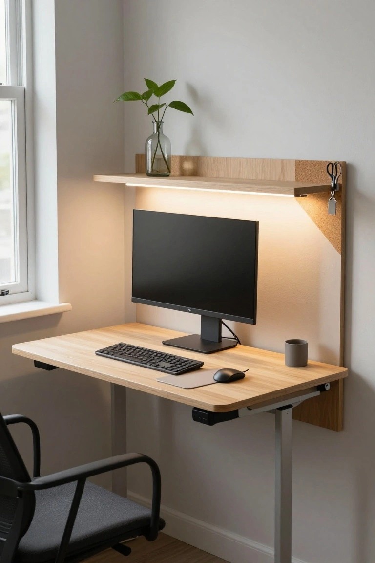 A compact corner office nook with a wall-mounted light oak adjustable-height desk, black monitor on stand, keyboard, mouse, gray mug, integrated wooden shelf with plant vase and LED strip light, corkboard accents, and black mesh office chair in a white room with window.